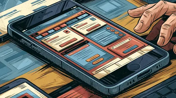 Aplikacja mobilna na telefonie (ilustracja komiksowa)