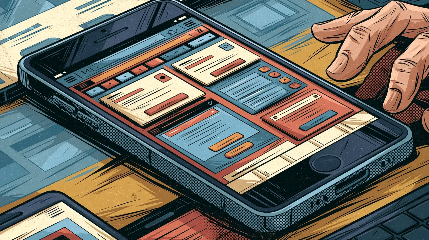 Aplikacja mobilna na telefonie (ilustracja komiksowa)