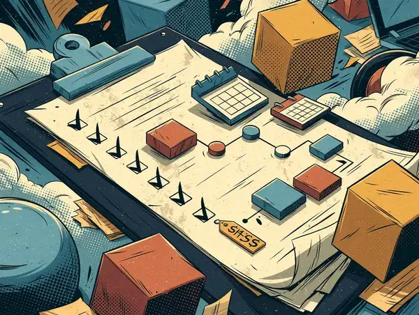 Plan - checklista, harmonogram i wycena na podkładce (ilustracja komiksowa)