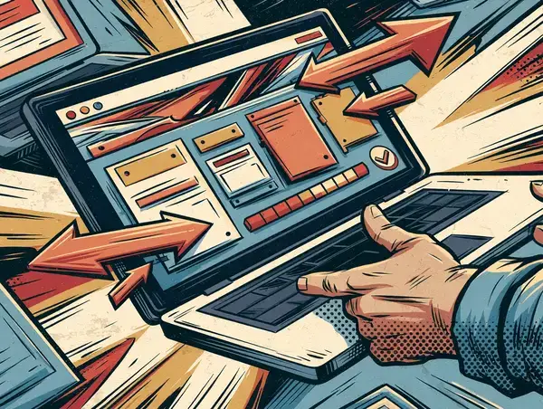 Realizacja - budowa interfejsu na laptopie (ilustracja komiksowa)