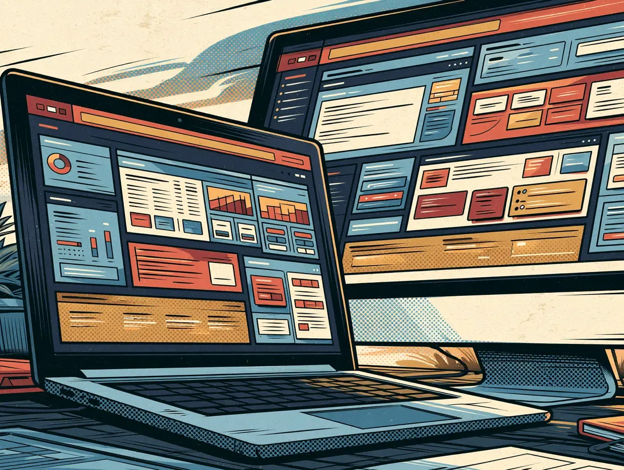 Aplikacje webowe SaaS - dashboardy na laptopie i monitorze (ilustracja komiksowa)